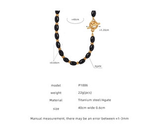 Detail view of onyx bead necklace with titanium steel toggle clasp and size dimensions