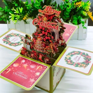 3D pop-up Christmas box card with festive tree, snowman and holiday gift patterns