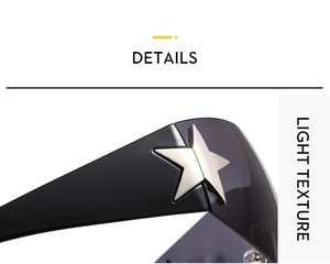 Close-up of Y2K sunglasses featuring a gold star emblem on a sleek black frame