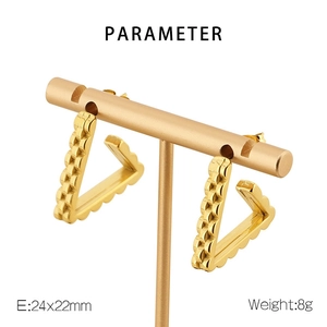 Detail view of gold vintage triangular U-shaped earrings with wave texture, 24x22mm size