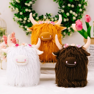 Realistic Highland Cow Plush Toy With Flower Wreath Long Hair Stuffed Animal Cow Doll For Kids Room Home Decoration Gift