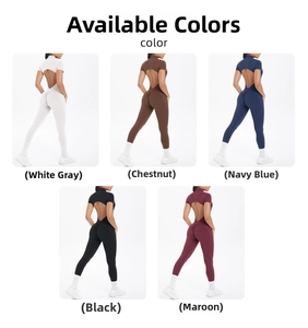Short sleeve backless yoga jumpsuit in white grey, chestnut, navy, black and wine red