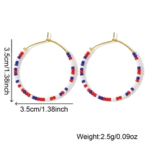 Bohemian gold hoop earrings with red, white, and blue beads, 3.5cm diameter design