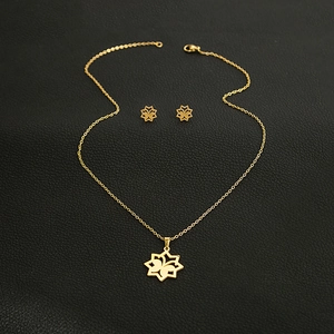 Detailed view of golden stainless steel geometric heart jewelry set on black leather