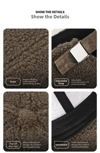 Detailed views of brown lamb wool baseball cap showing stitching and metal buckle