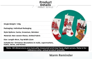 Detail view of large Christmas stockings featuring Santa and Reindeer with size specifications