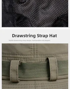 Detail of breathable mesh lining and reinforced webbing on olive green sun hat