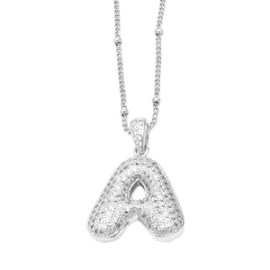 Silver alphabet A necklace with sparkling cubic zirconia on a bubble letter pendant