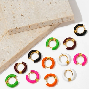 Colorful Enamel Hoop Earrings For Women Stainless Steel Geometric Round C Shape Vintage Trendy Jewelry