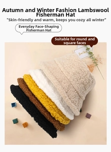 Stack of fuzzy lamb wool bucket hats in beige, yellow and black for winter warmth