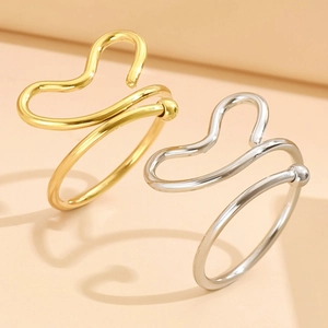 Bague Cœur Évidé Acier Inoxydable Réglable Ouverte Ligne Ondulée Bijoux Minimalistes Cadeau Pour Femmes Filles