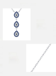 Detail of S925 silver necklace featuring evil eye pendant with 5A cubic zirconia stones