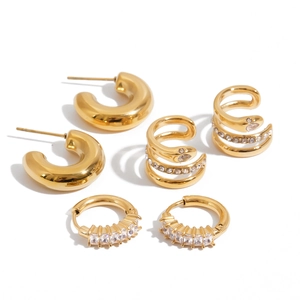 6-piece gold stainless steel earring set with C-shape hoops and rhinestone ear cuffs