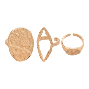 Three-piece gold adjustable ring set featuring textured oval and geometric hollow designs