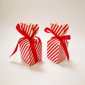 Two red and white striped gift boxes with red satin ribbons for candy or small treats