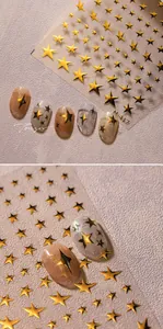 Detailed view of M-417 golden star nail stickers with metallic 3D texture and various sizes