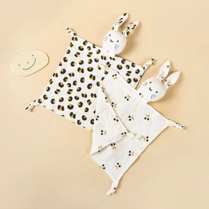 Cotton muslin baby security blanket with bunny head and animal print patterns