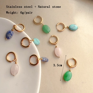 French chic oval natural stone earrings in stainless steel with colorful gemstone options