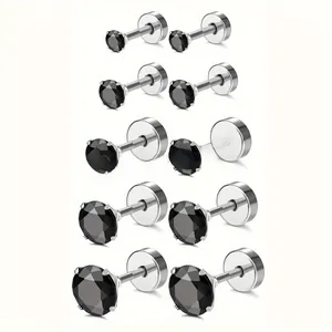 Vertical array showing 5 pairs of black cubic zirconia stud earrings in varying sizes
