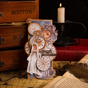 Vintage scrapbooking stickers with clock, gears and silhouettes in a retro scene