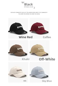Detailed grid showing distressed baseball caps in six colors with 3D embroidery details
