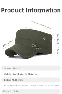 Detailed size specifications for army green cotton military cap with SPORT embroidery