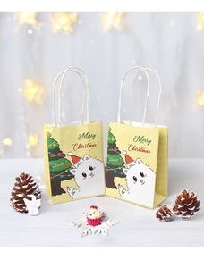 Mini Christmas gift bags featuring a cute cartoon white cat and festive decorated tree