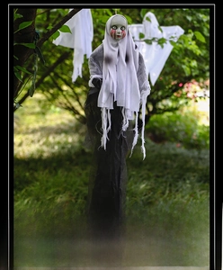 Close-up of a hanging Halloween ghost decoration with skull and red bloody tears