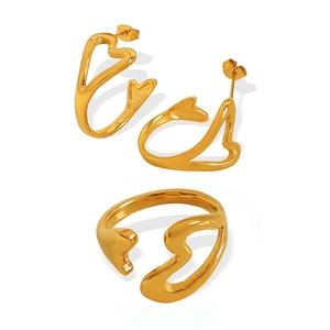 Elegant gold titanium hollow heart ring and earrings set for daily wear