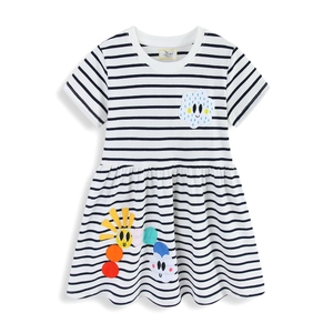 Vestido de rayas para niña de manga corta con bonitos bordados de nubes y el sol