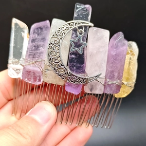 Handmade hair comb with natural crystal points and celestial moon and star metal charms
