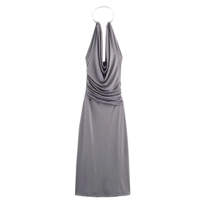 Elegant Halter Maxi Dress Satin Satin Like Polyester Metal Ring Draped Neckline Ruched Backless Sleeveless Party For Women