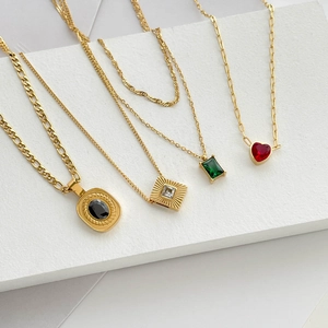 Elegant Stainless Steel Pendant Necklace With Zircon Gemstone Gold Plated Titanium Steel Vintage Jewelry For Women