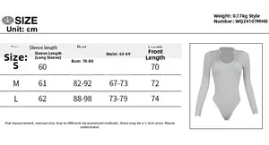 Size chart for the long sleeve jacquard knitted bodysuit with measurement details