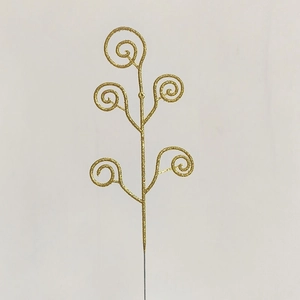 Detail of glittery gold spiral branch pick for Christmas festive party arrangement
