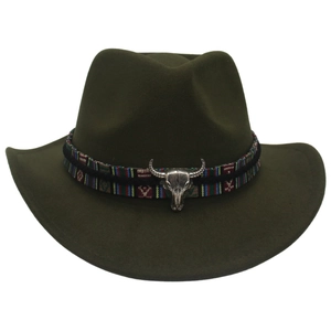 Close-up of olive green felt cowboy hat with ethnic woven band and silver bull head charm