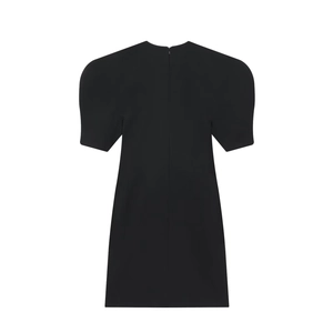Women's slim fit black mini dress with puff sleeves and crew neck on plain white background