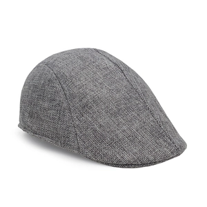 Detail of grey linen fabric texture and stitching on the vintage flat cap for men