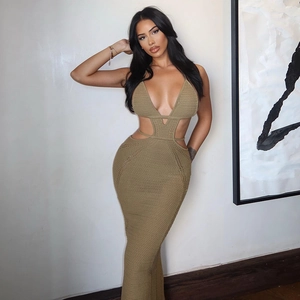 Detailed close-up of khaki knit hollow-out halter dress with deep V-neckline