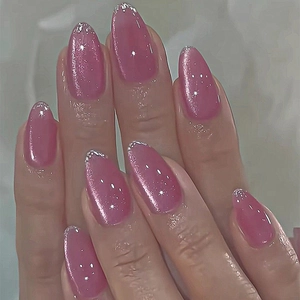 Press On Nails Cat Eye Pink Silver Glitter French Tip Almond Shape Removable Full Cover DIY Manicure Art Decoration Women