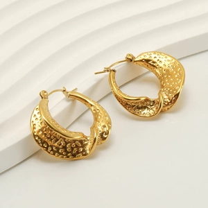 French style 18k gold plated stainless steel textured hoop earrings for women