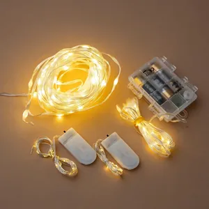 Warm white LED copper wire string light set with multiple battery box sizes and types