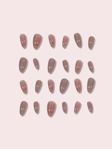 Detailed set of 24 almond press-on nails in dusty rose and grey-purple with gold foil accents