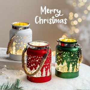 Christmas glass candle holder lanterns in red, white and green with hemp rope handles