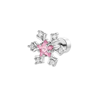 Snowflake stud earring with pink star zircon and screw back in silver finish