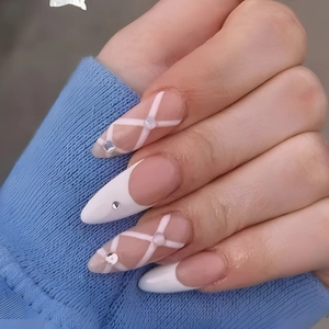 Faux Ongles Amande Blanc Français Avec Rayures Croisées Et Strass Manucure DIY Douce Pour Femmes