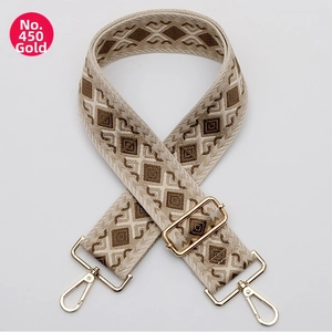 Detail of adjustable geometric diamond pattern bag strap with polished gold hardware
