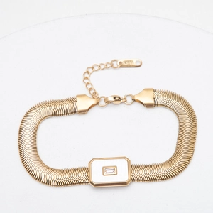 Gold stainless steel snake chain bracelet with shell inlay and rectangular zircon pendant