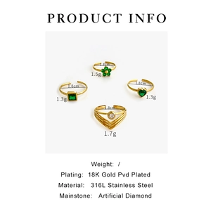 Spécifications des bagues fleurs et émeraude en acier inoxydable plaqué or 18 carats