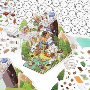Camping-themed decorative stickers featuring cute animals on a retro white keyboard